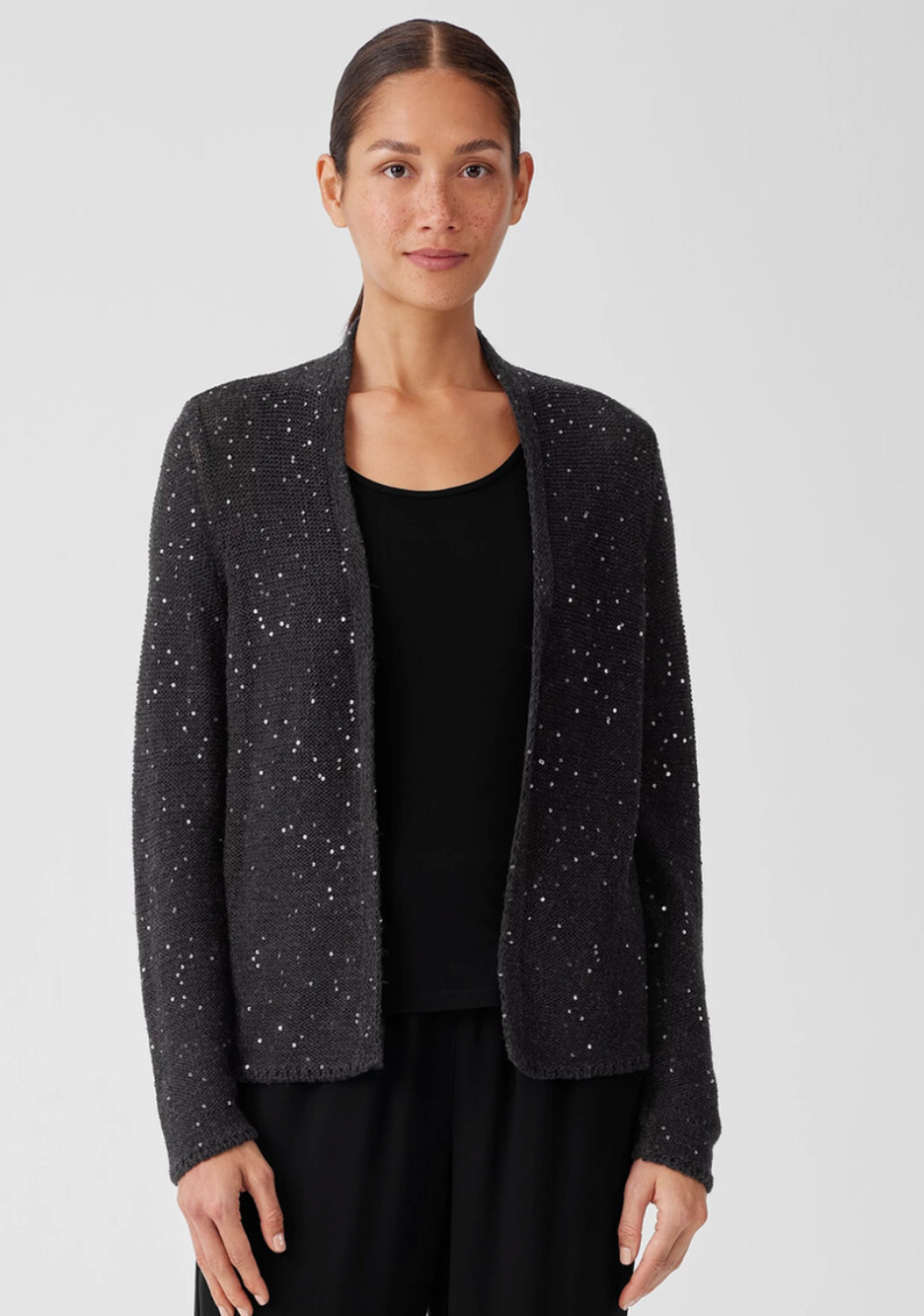 Eileen Fisher Merino Wool Sequin Cardigan Sweater Black Charcoal Size M NWOT